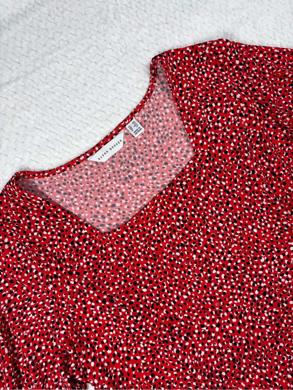 Susan Graver Red Polka Dot Liquid Knit Fit & Flare Tunic Top Pullover Size MP